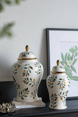 D8x16" White Ceramic Ginger Jar w/ Green Floral Gold Details