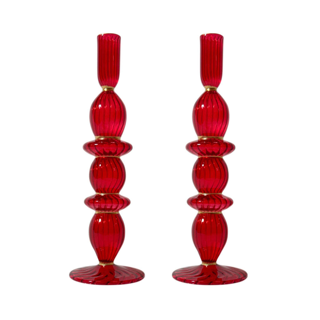 Polly Red Glass Candle Holder with Gold Trim, Set of 2
