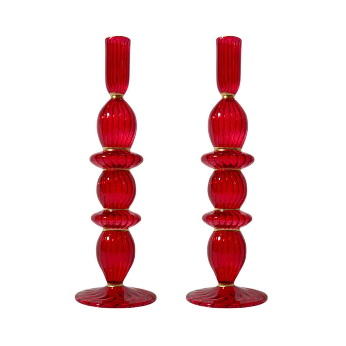Polly Red Glass Candle Holder with Gold Trim, Set of 2