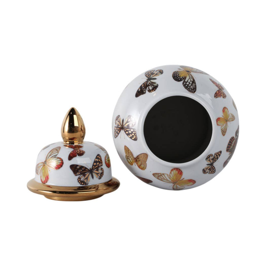 White and Gold Butterfly Lidded Jar, Medium