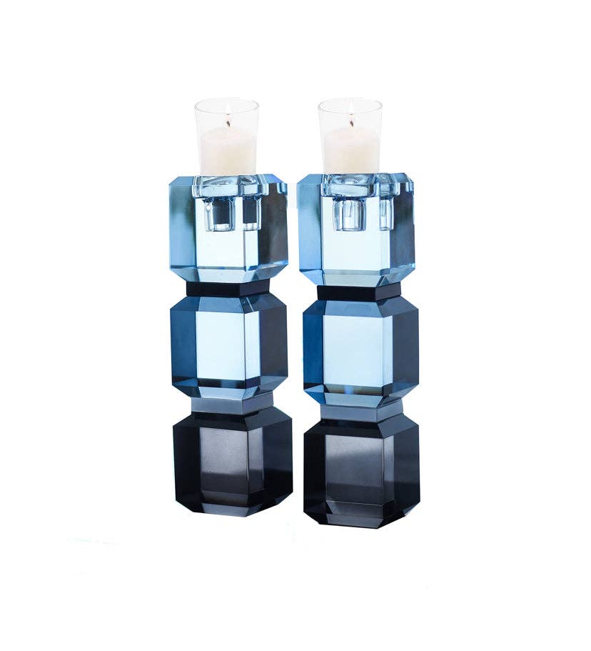 Slate Blue Color Block Crystal Candlesticks, Set of 2
