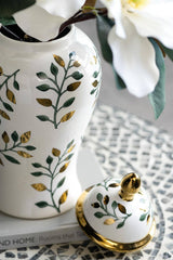 D8x16" White Ceramic Ginger Jar w/ Green Floral Gold Details