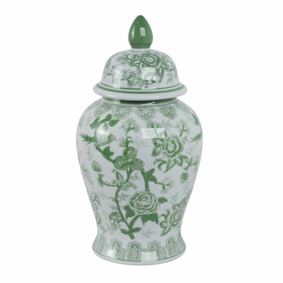 Green Bird and Flower Tall Lidded Jar