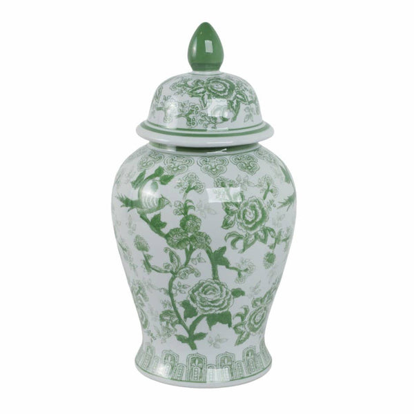 Green Bird and Flower Tall Lidded Jar