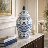 Decorative Jar - White/Blue Ceramic Chinoiserie Charm, 18 in