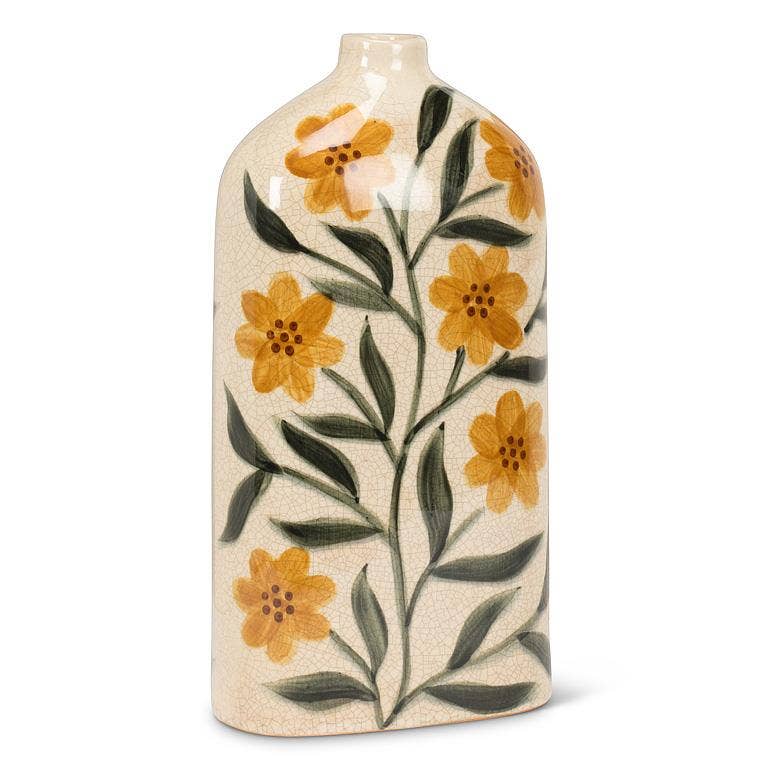 Yellow Floral Ceramic Flat Vase, Medium
