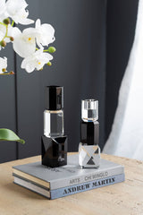 2x2x8" Crystal and Black Glass Geometric Taper Candle Holder