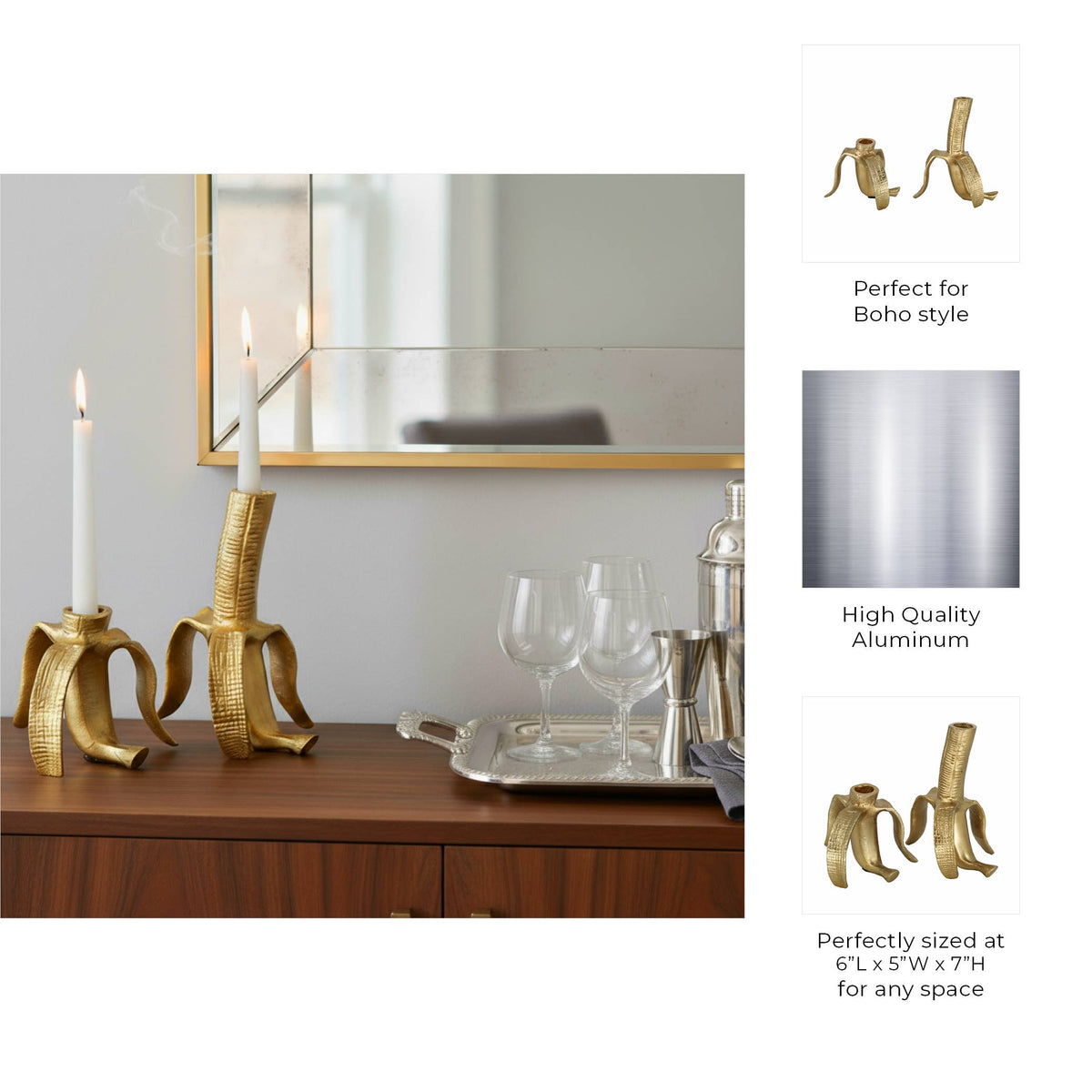 Gold Banana Taper Candle Holders, Set of 2