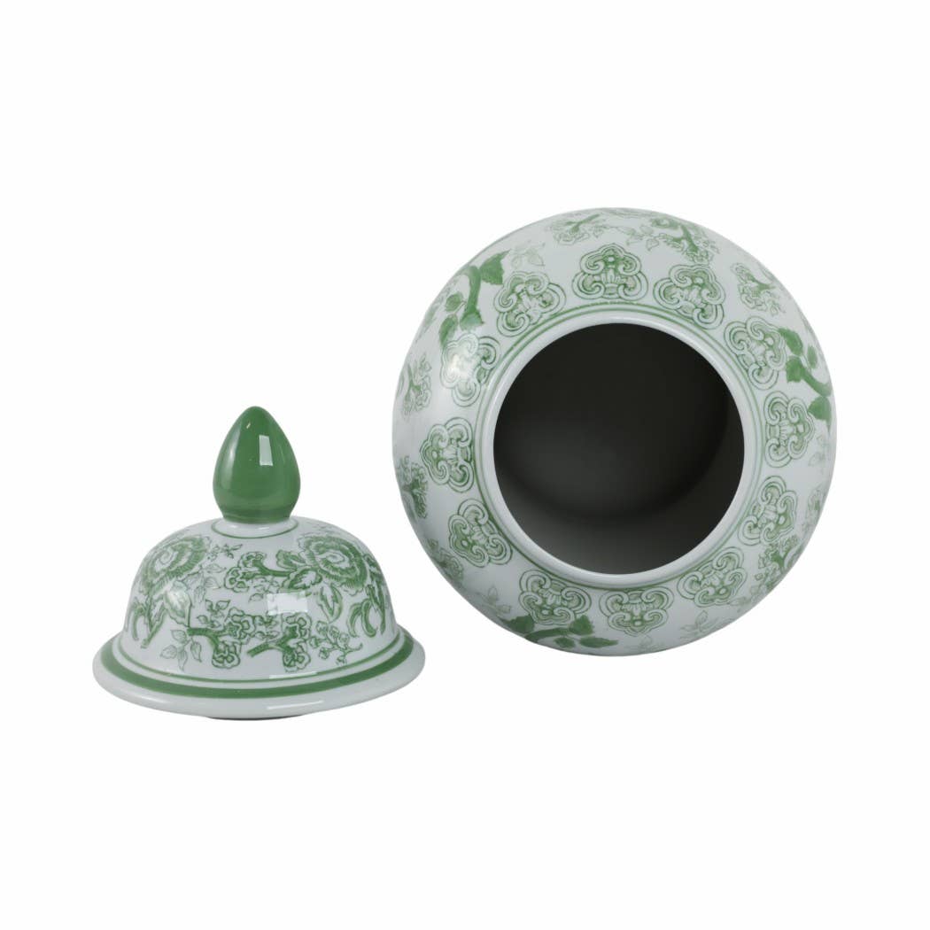 Green Bird and Flower Tall Lidded Jar