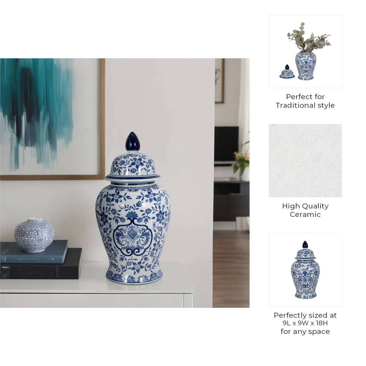 White and Blue Chinoiserie Lidded Jar, Medium