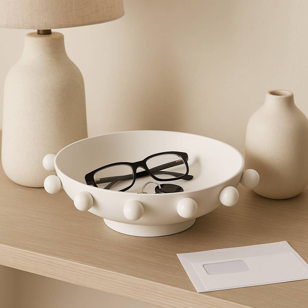 Decorative Bowl - White Iron/Fir Wood Hobnail