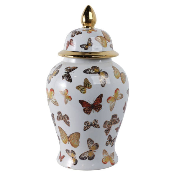 White and Gold Butterfly Lidded Jar, Large