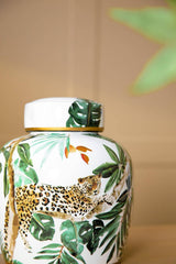 D8x9.5" White and Green Safari Leaf Lidded Jar