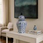 White and Blue Chinoiserie Lidded Jar, Medium