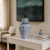 Decorative Jar - White/Blue Ceramic Chinoiserie Charm, 18 in