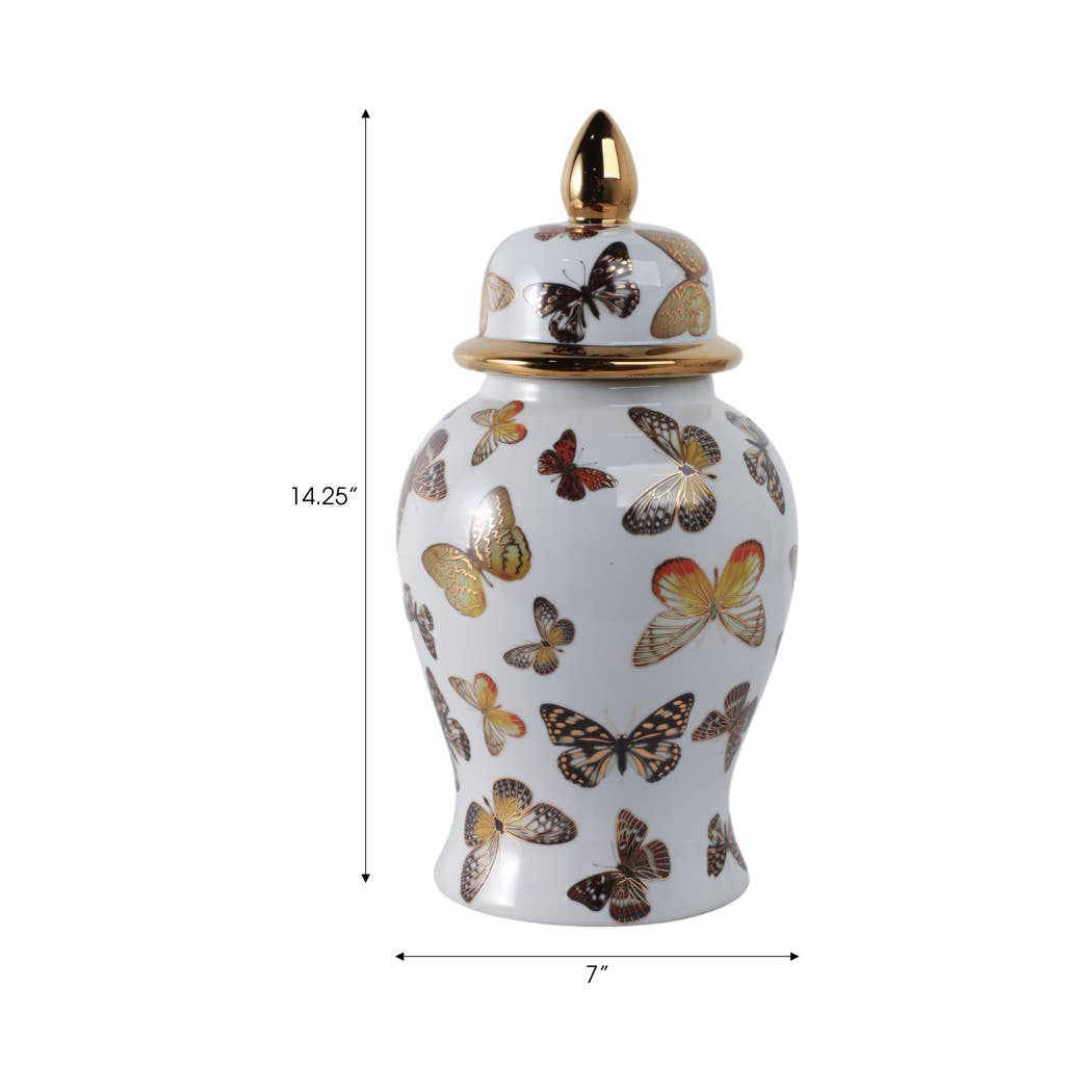 White and Gold Butterfly Lidded Jar, Medium