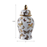 Decorative Jar- White/Gold Ceramic Tall Butterflies, 14.5in.