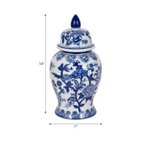 Decorative Jar - Blue Ceramic Bird & Flower with Lid, 15 in.