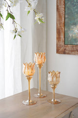 Set Of 3 Tulip Glass Candle Holder - Amber Luster