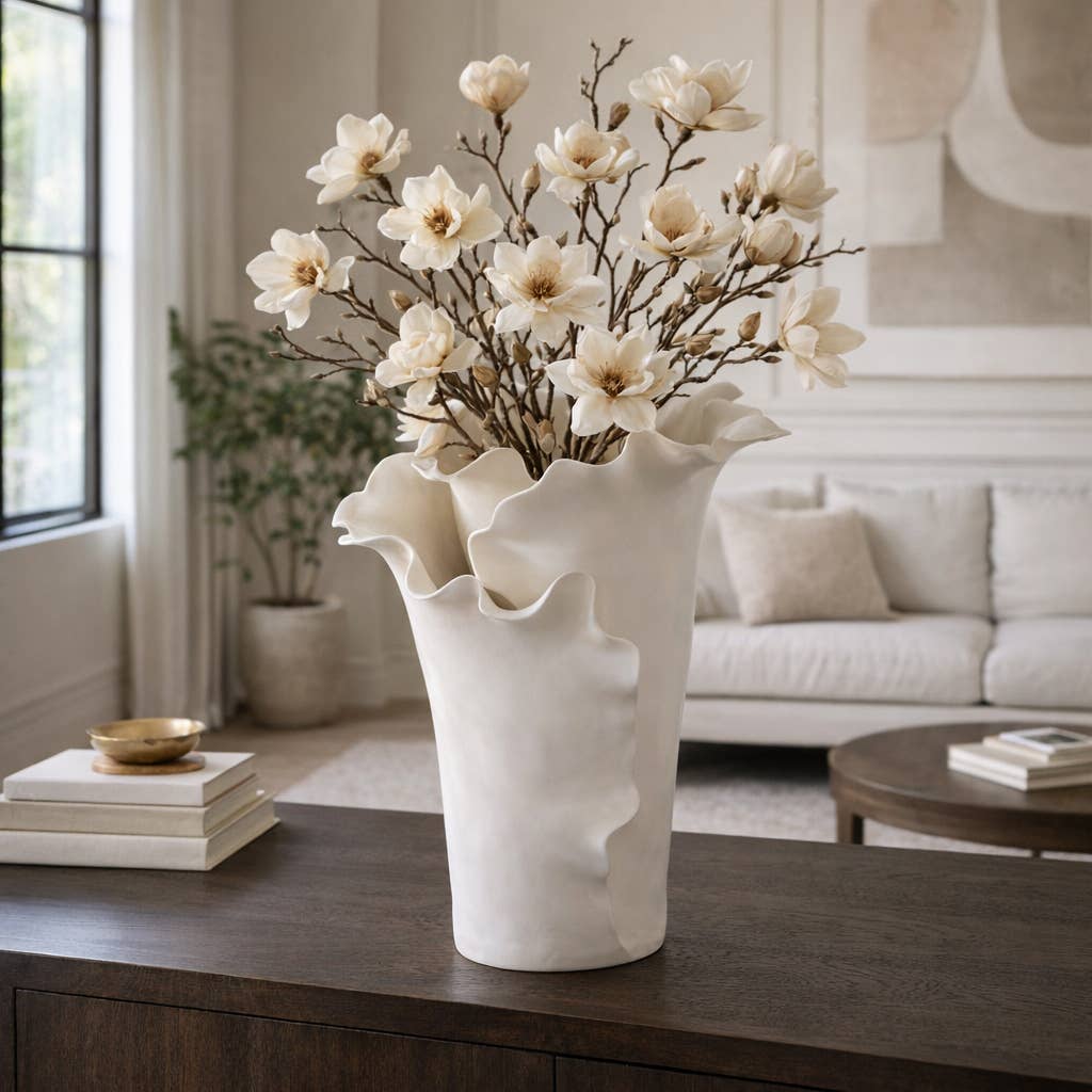 White Ruffled Edge Ceramic Vase, Large