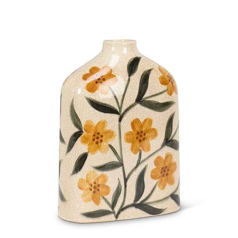 Yellow Floral Ceramic Flat Vase, Large