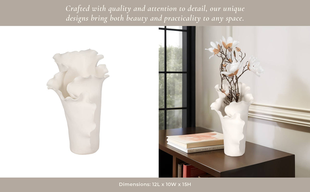 White Ruffled Edge Ceramic Vase, Large