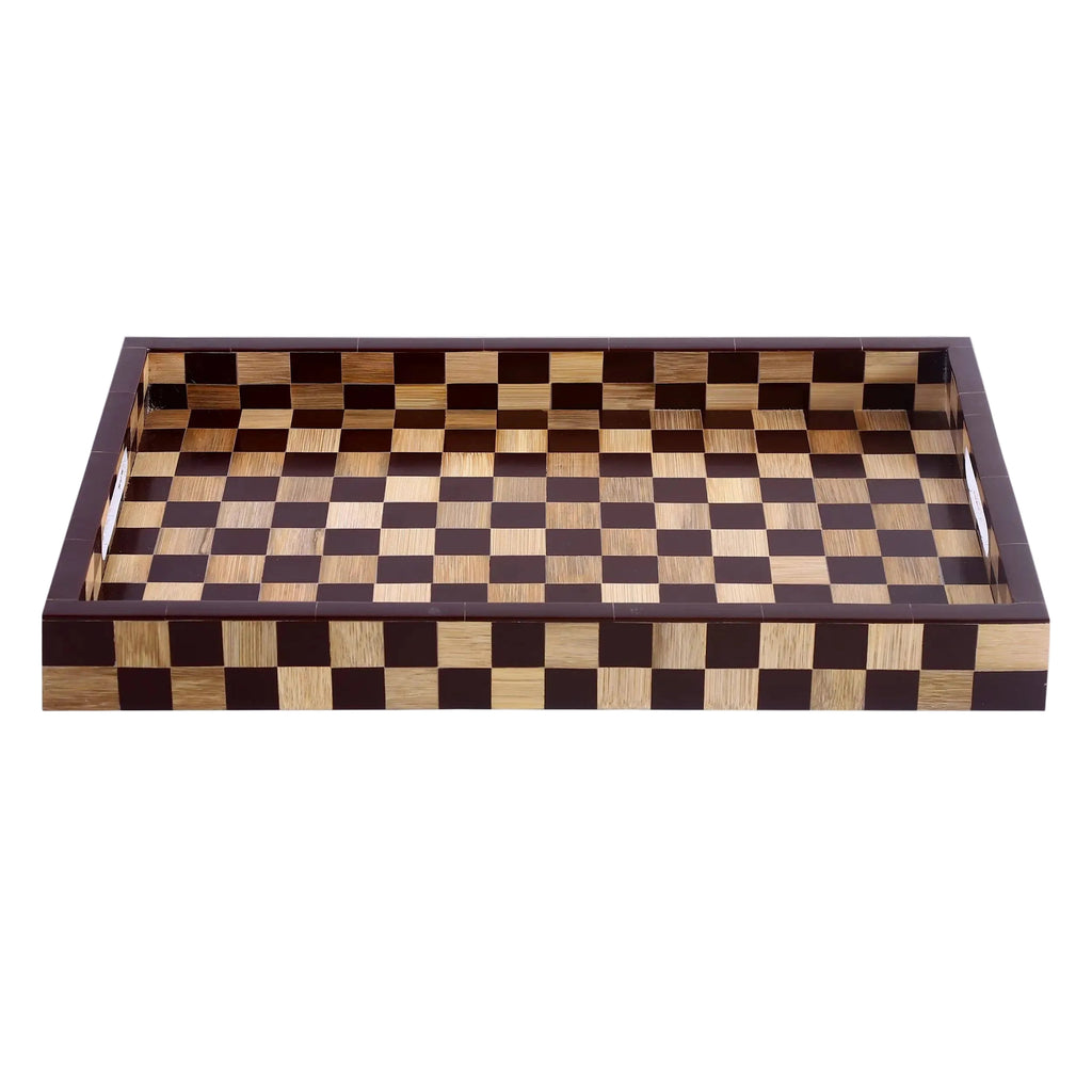 Brown Checkered Decorative Tray Coffee Table Ottoman 17"x11"