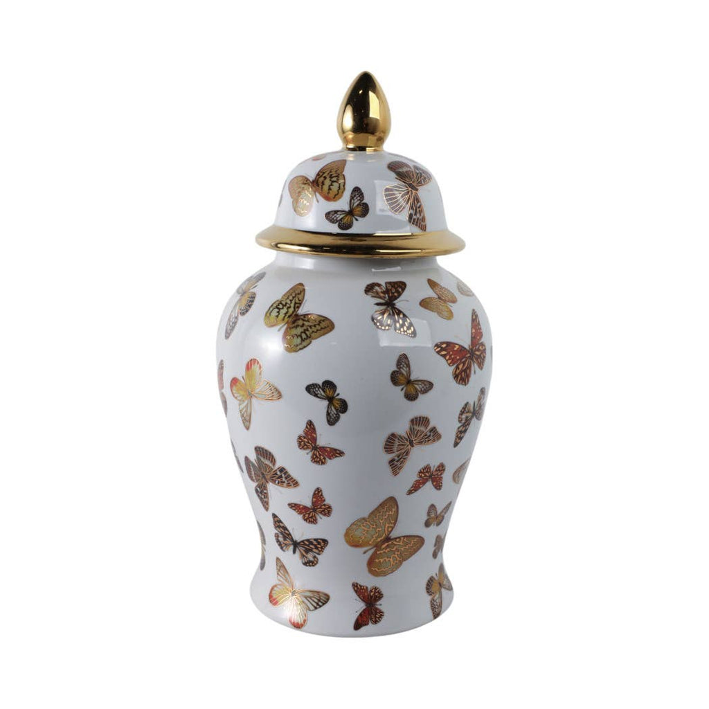 White and Gold Butterfly Lidded Jar, Large