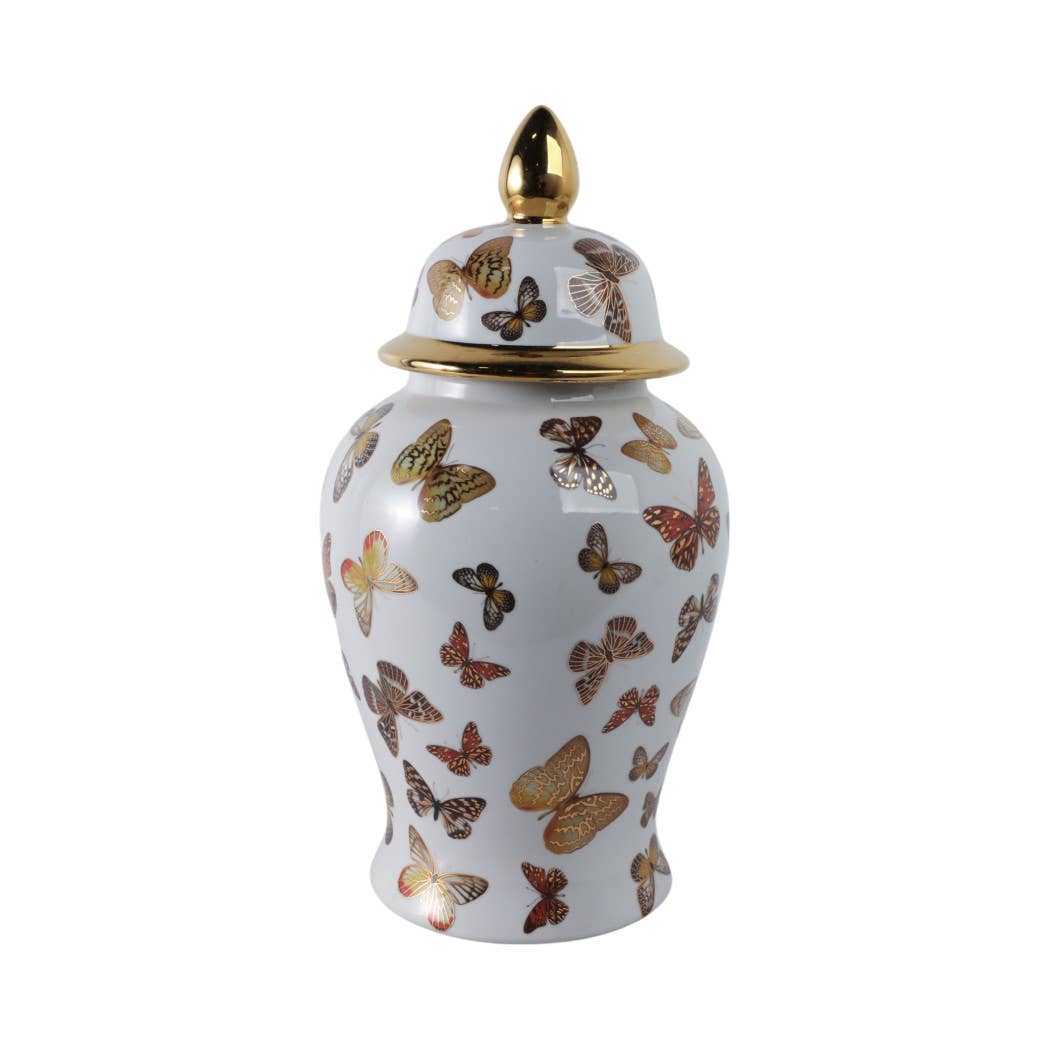 White and Gold Butterfly Lidded Jar, Large