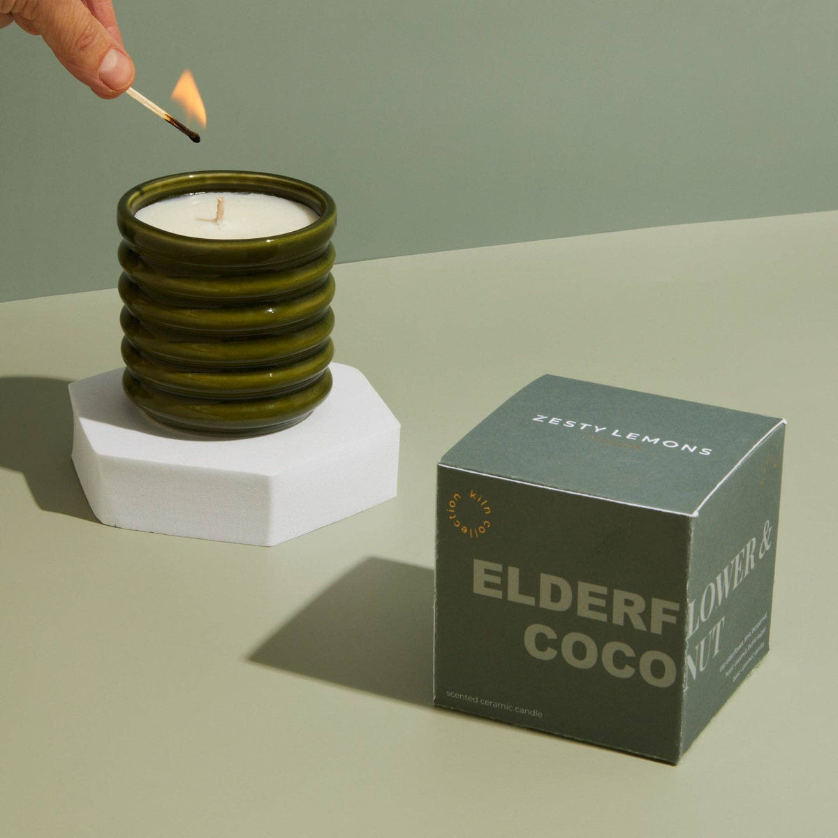 Contemporary Kiln Scalloped Candle, Olive - Elderflower