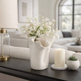 Decorative Vase - White Ceramic Handmade Ruffled Edge, 11 in