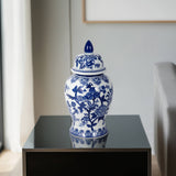 Decorative Jar - Blue Ceramic Bird & Flower with Lid, 15 in.