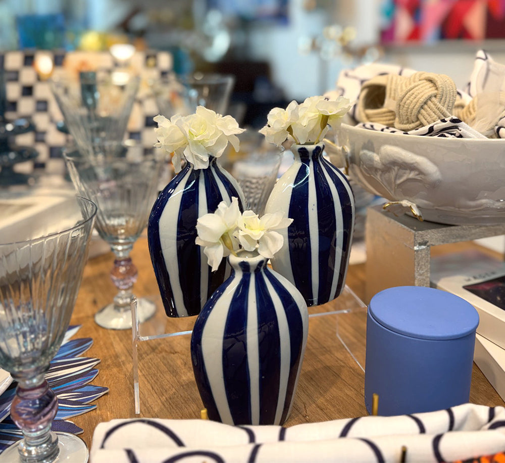Blue Striped Porcelain Bud Vase, Medium