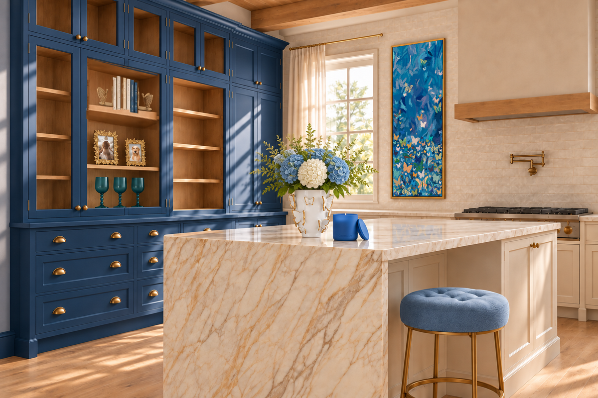 Porcelain Vase with Gold Butterflies, Large in an AI-rendered Into the Blue kitchen lifestyle scene