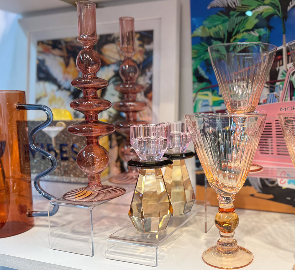 Pink and Amber Modern Cut Crystal Candle Holder