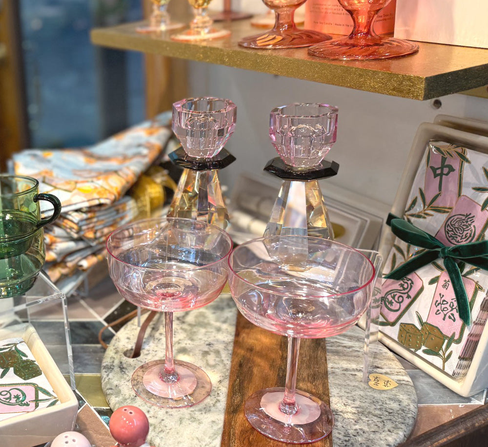 Pink and Amber Modern Cut Crystal Candle Holder