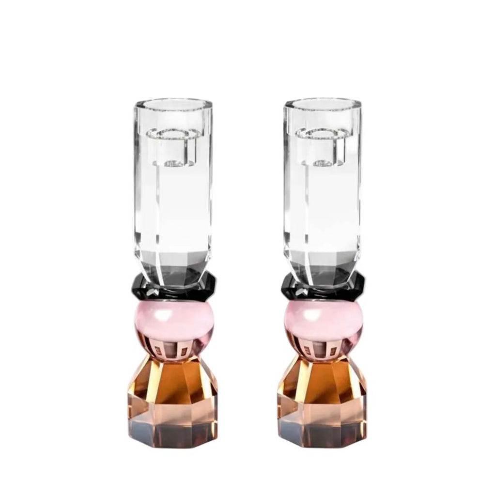 Pink and Amber Tall Modern Cut Crystal Candlestick Holder