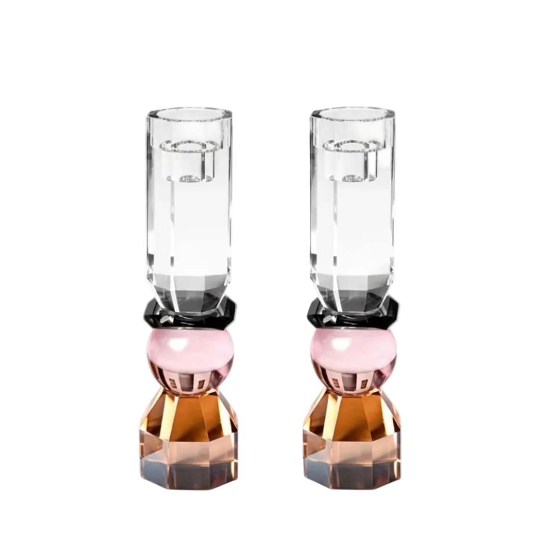 Pink and Amber Tall Modern Cut Crystal Candlestick Holder