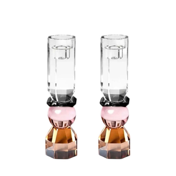 Pink and Amber Tall Modern Cut Crystal Candlestick Holder