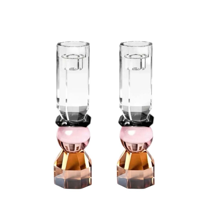 Pink and Amber Tall Modern Cut Crystal Candlestick Holder
