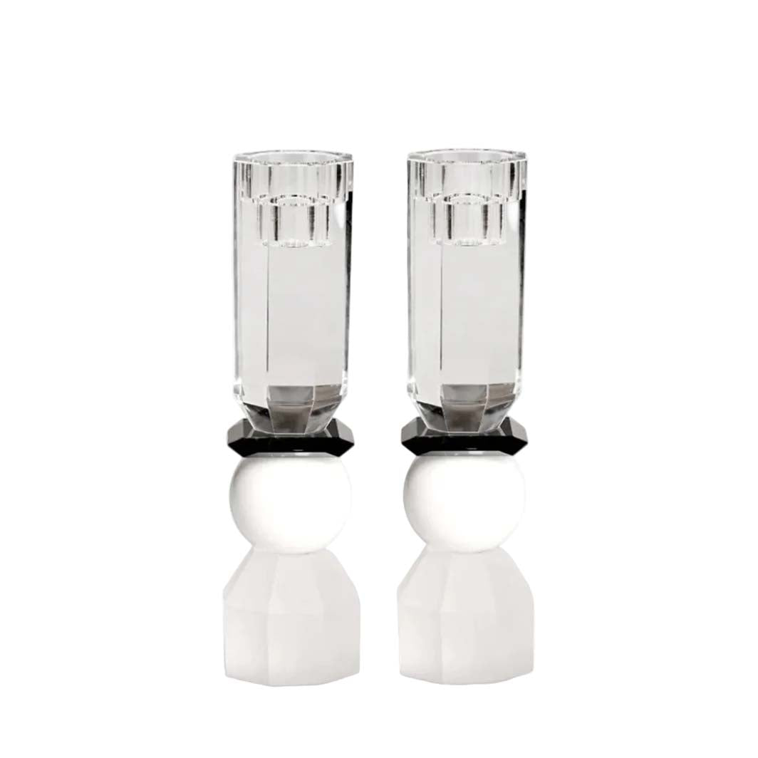 White and Black Tall Modern Cut Crystal Candlestick Holder