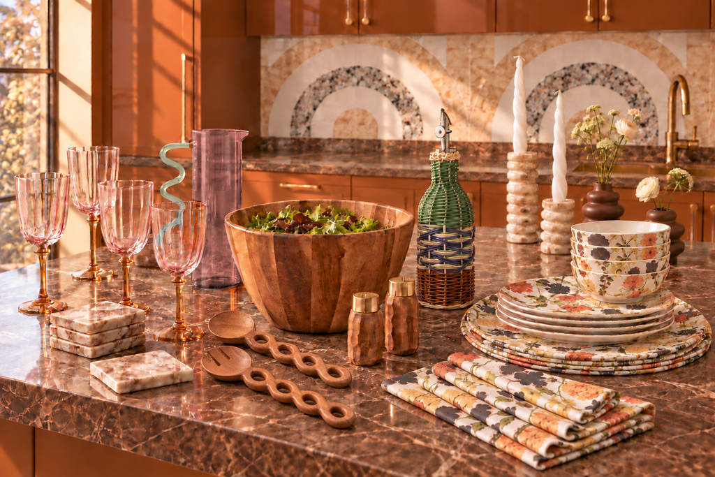 Auburn floral tablescape styled on a marble kitchen counter