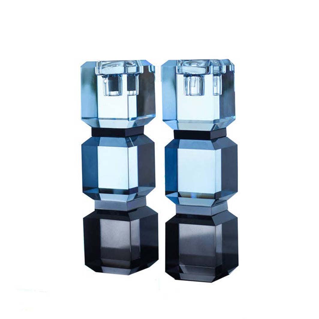 Slate Blue Color Block Crystal Candlesticks, Set of 2