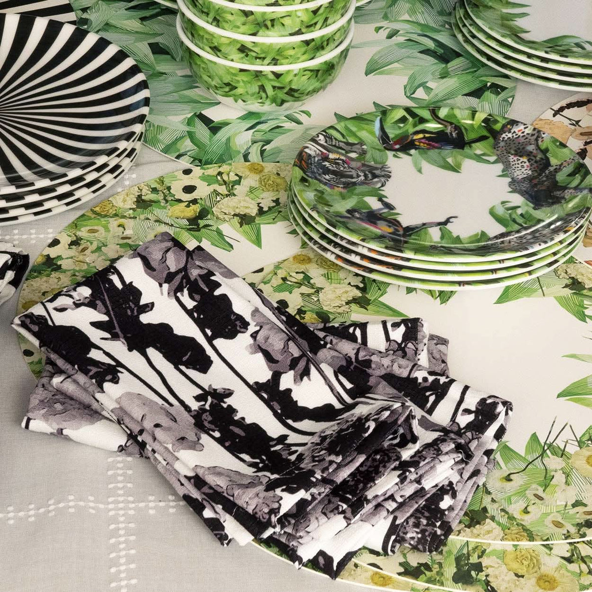 Grayscale Floral Garden Faux Linen Napkins, Set of 4