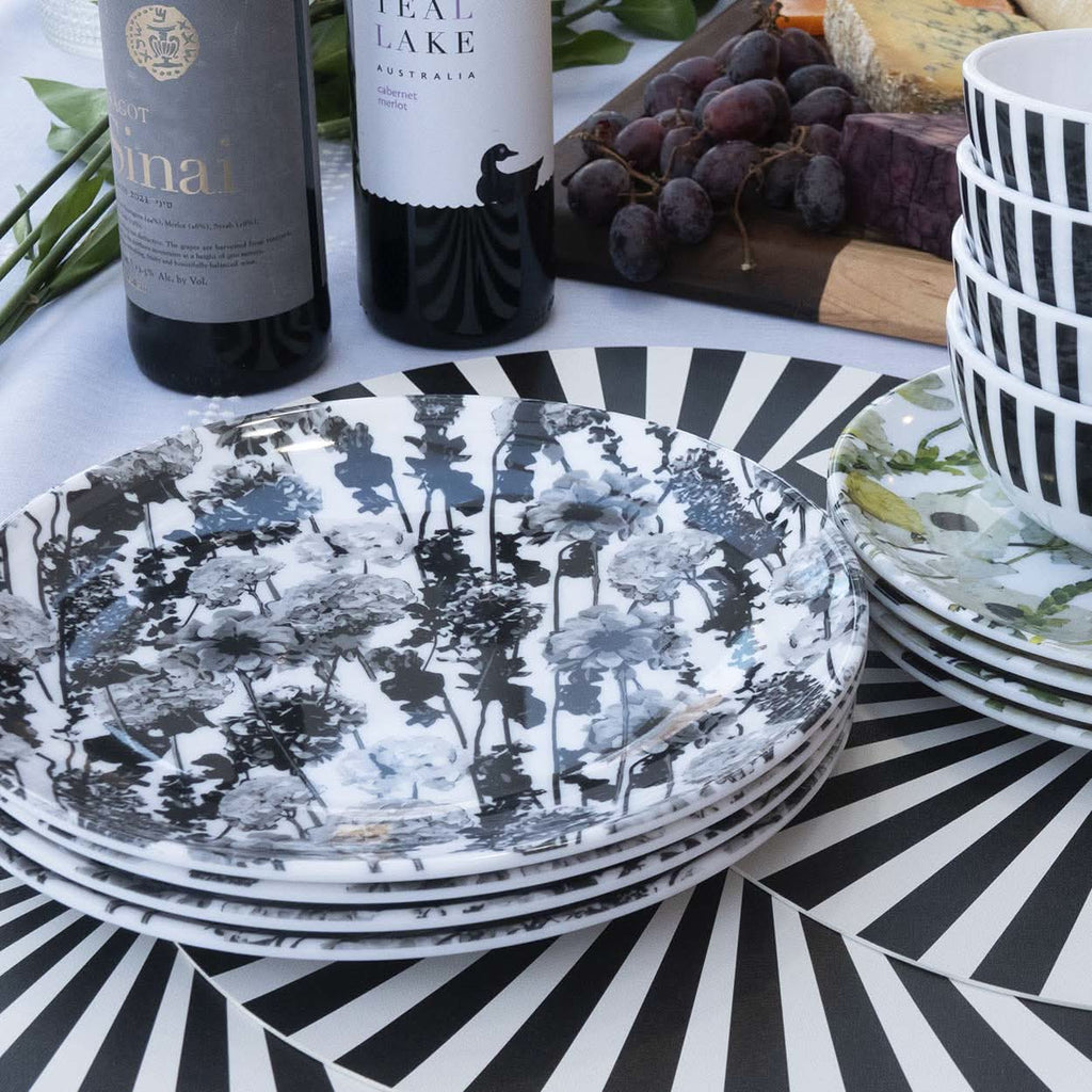 Grayscale Floral Garden Melamine Dinner Plates, Set of 4
