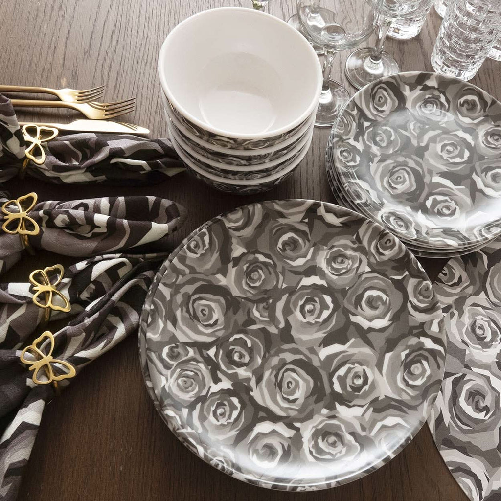 Grayscale Roses Melamine Dinner Plates, Set of 4