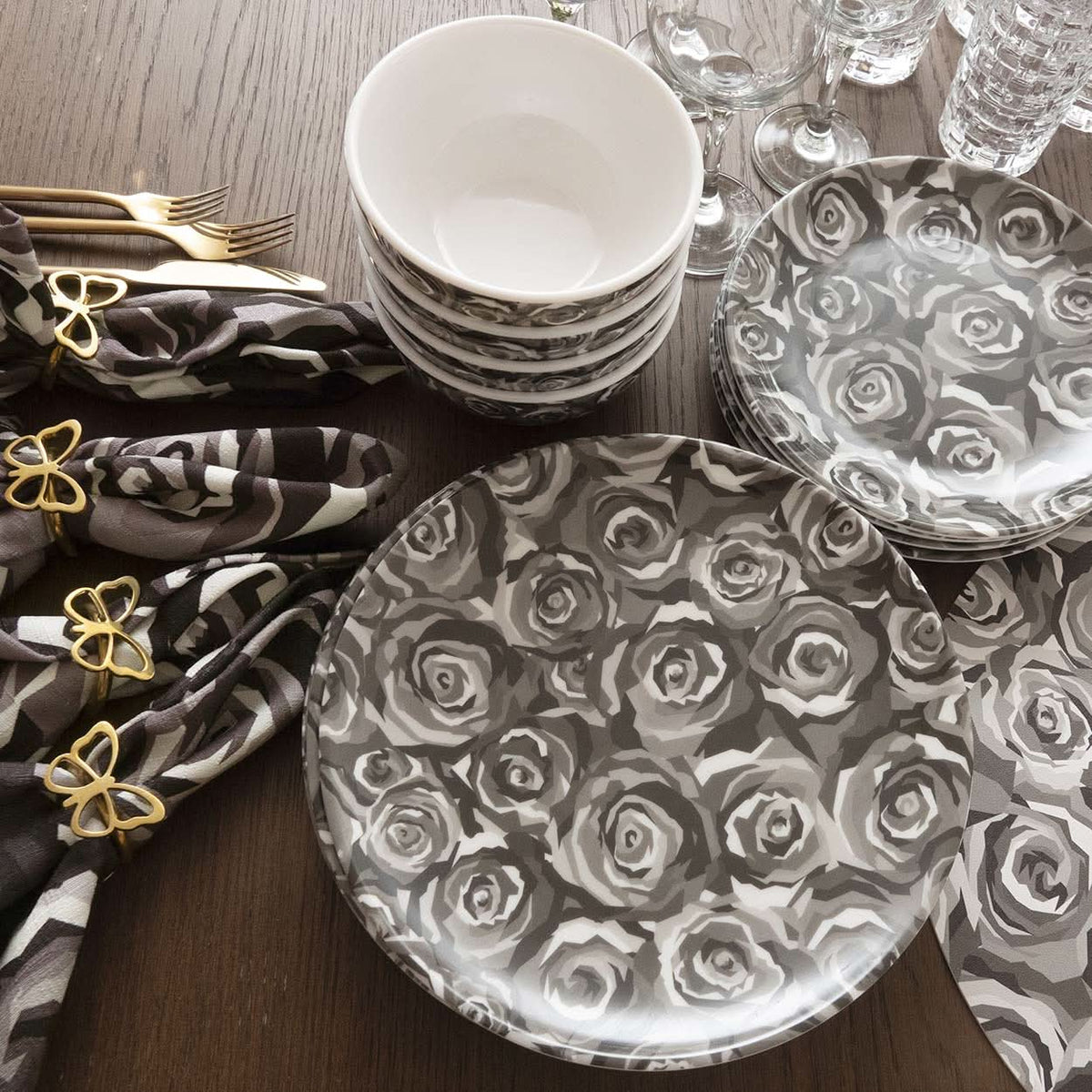 Grayscale Roses Melamine Dinner Plates, Set of 4