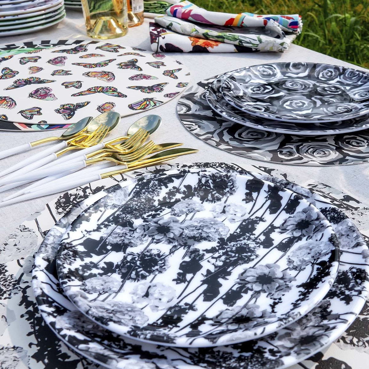 Grayscale Floral Garden Melamine Salad Plates, Set of 4