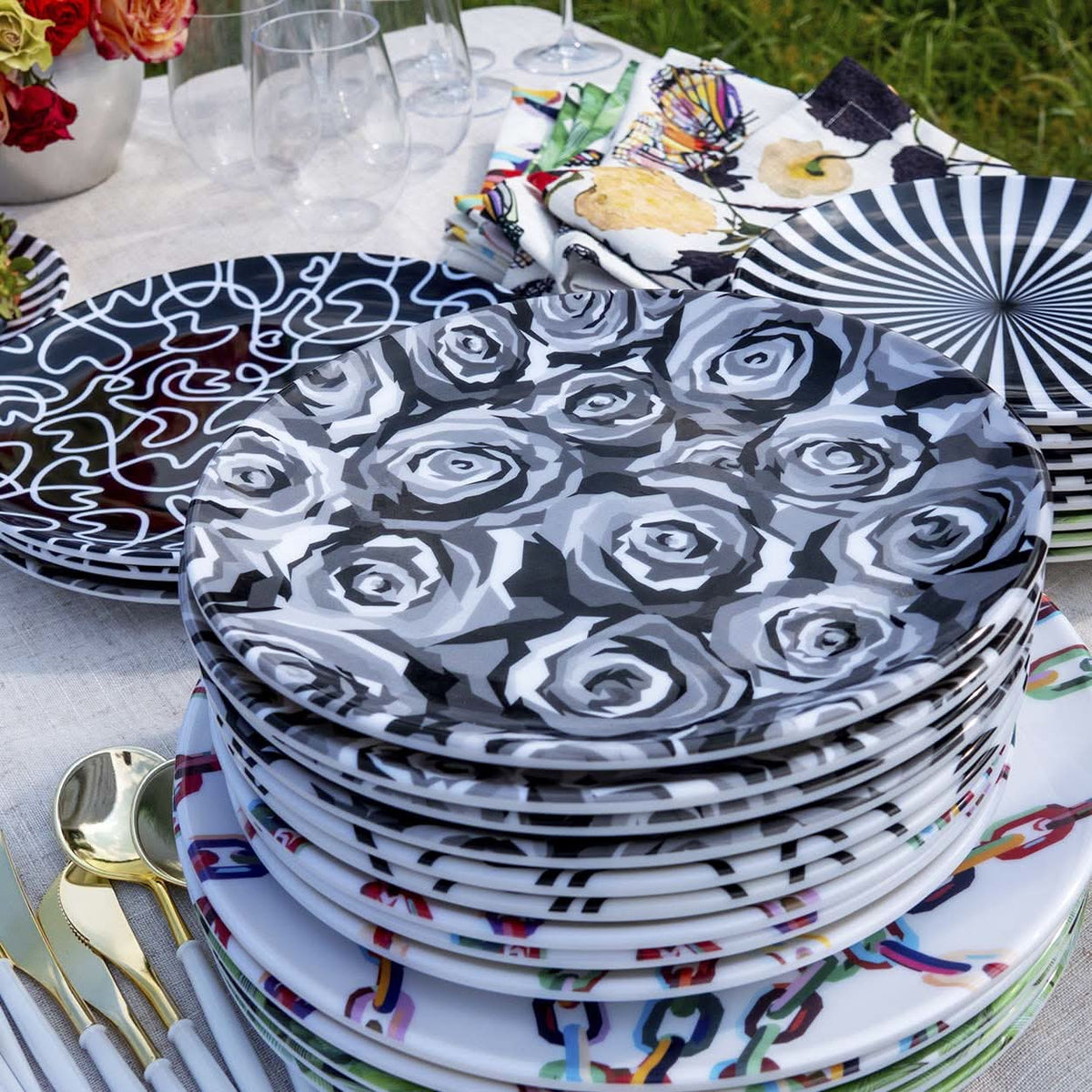 Grayscale Roses Melamine Salad Plates, Set of 4
