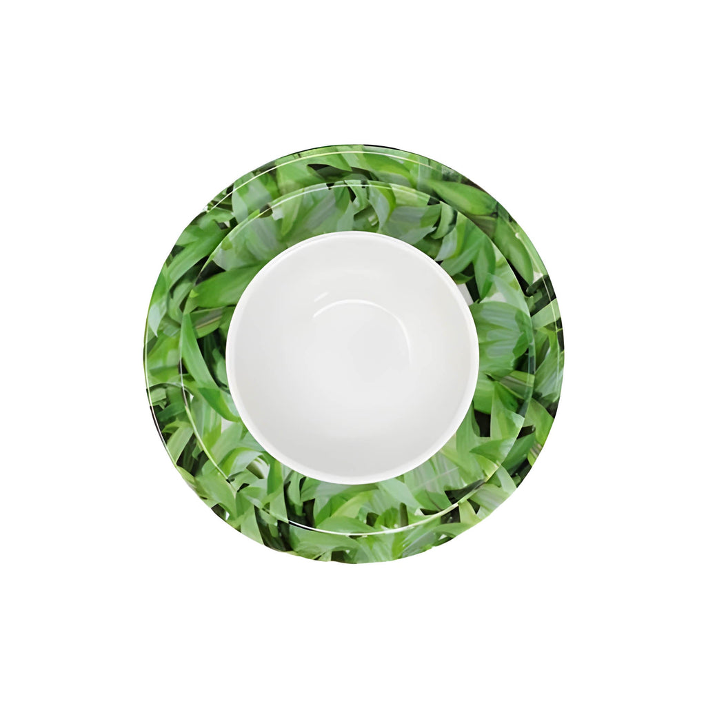 Pura Vida 12 piece starter set of melamine dinnerware, overhead view